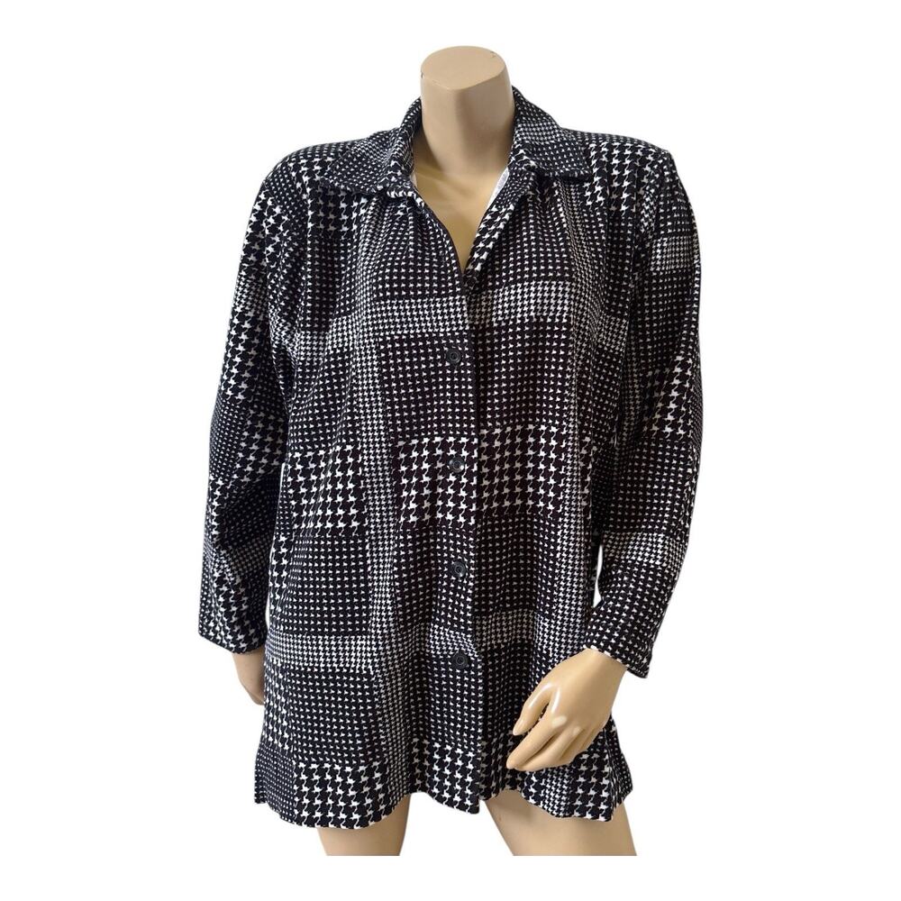 Parisian Works Tunic Shirt Womens L Button Front Black White Houndstooth Velour